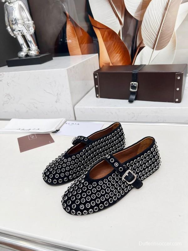 Alaia 2025/SS Crystal-Studded Ballet Dance Shoes with Inner Cushioning and 0.8CM Height Increase - LY00340