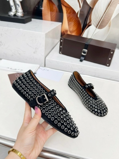 Alaia 2025/SS Crystal-Studded Ballet Dance Shoes with Inner Cushioning and 0.8CM Height Increase - LY00340