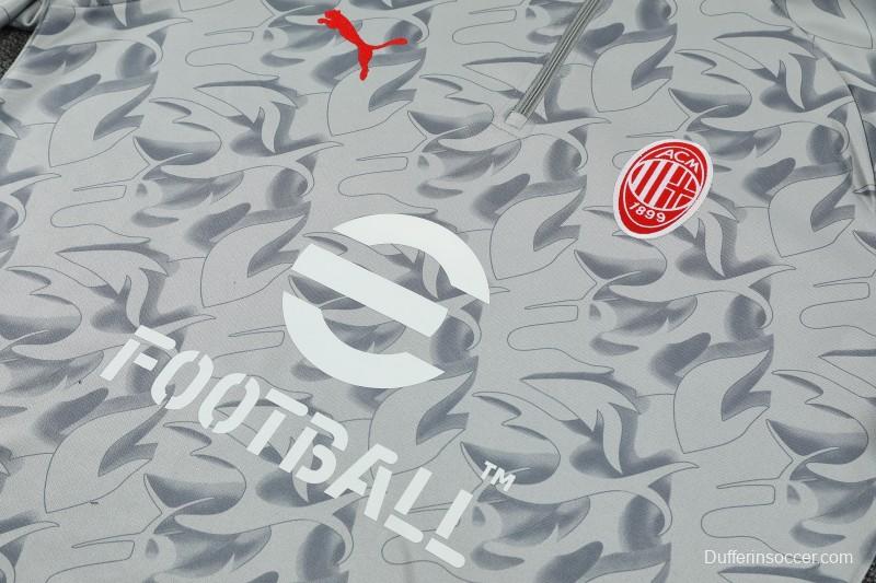 Player Version 25/26 AC Milan Grey with Camouflage Pattern Half Zipper Jacket Tracksuit +Long Pants