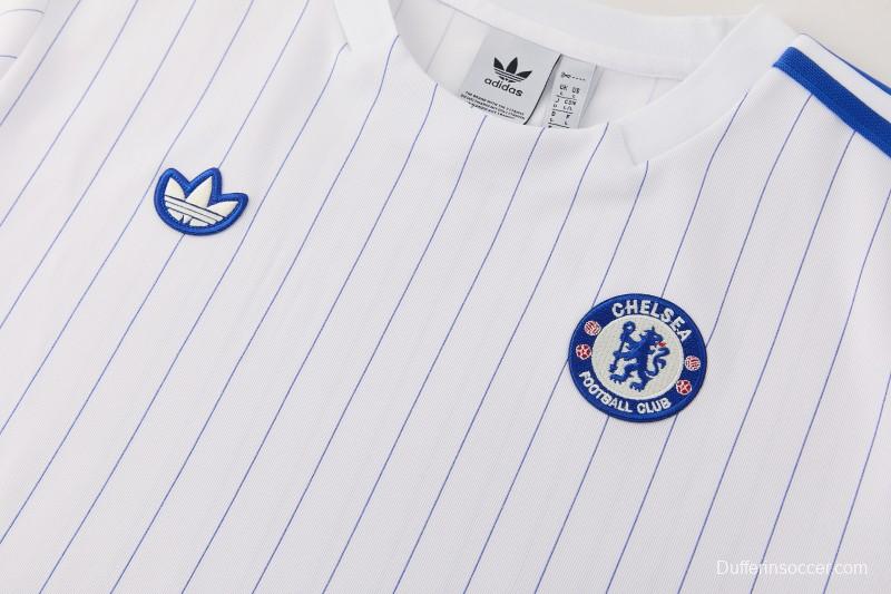 26/27 Chelsea FC White Stripes Short Sleeve+Blue Soccer Shorts
