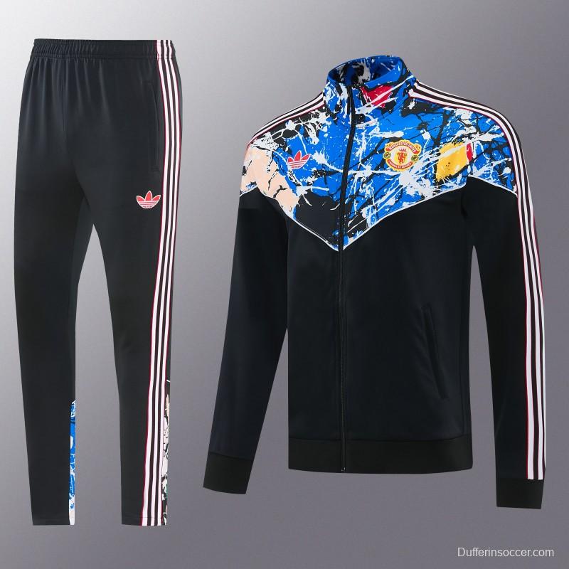 2026/27 Manchester United Black Grunge Splatter Paint Full Zipper Jacket Tracksuit + Long Pants