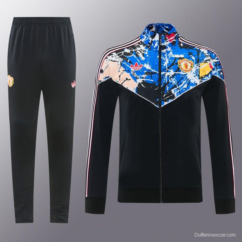 2026/27 Manchester United Black Grunge Splatter Paint Full Zipper Jacket Tracksuit + Long Pants