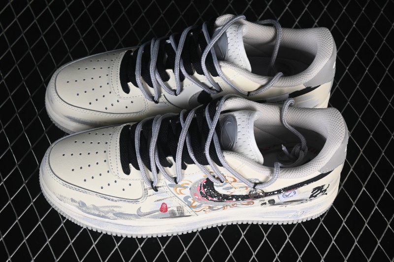 Nike Air Force 1 '07 Low Unbridled Steed Hand-Painted Ink Art Sneakers with Dynamic Swoosh Design - FB1839-313