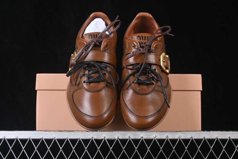 MiuMiu Gymnasium FW25 Calf Leather Buckle Lace-Up Low-Top Casual Shoes - Brown