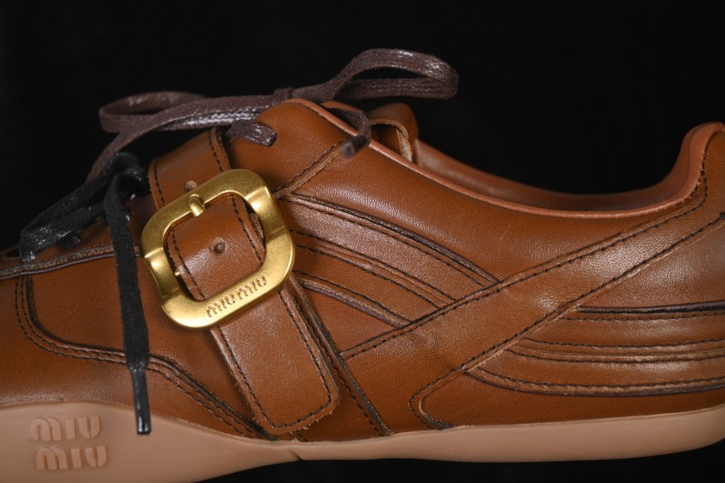 MiuMiu Gymnasium FW25 Calf Leather Buckle Lace-Up Low-Top Casual Shoes - Brown