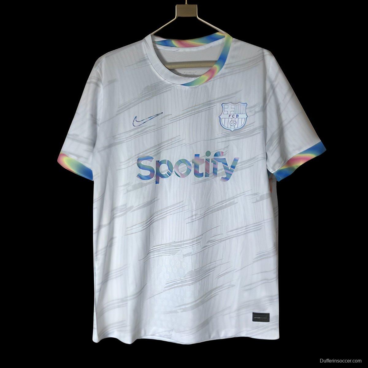 25/26 Barcelona White Nike Football Jersey with Spotify Sponsorship and Rainbow Accents