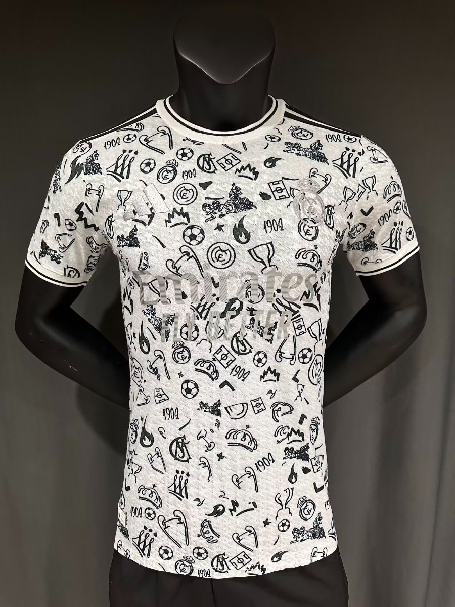 Player Version 25/26 Real Madrid White with Football Icons Pattern Jersey