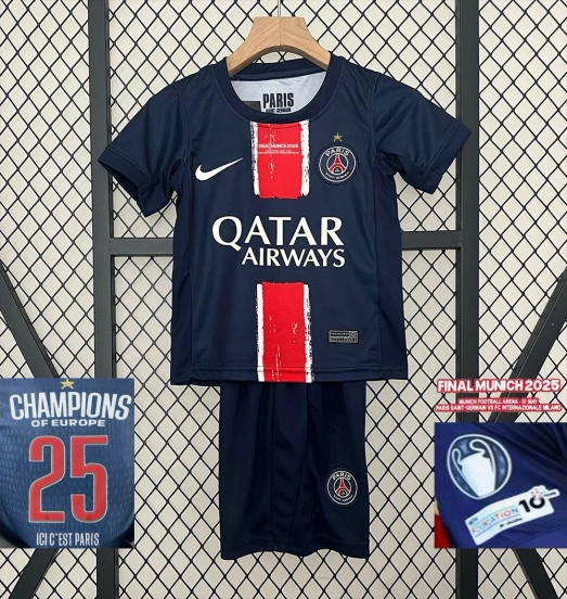 1 Star 24/25 Kids PSG Home Jersey With Final Match Champion Jersey