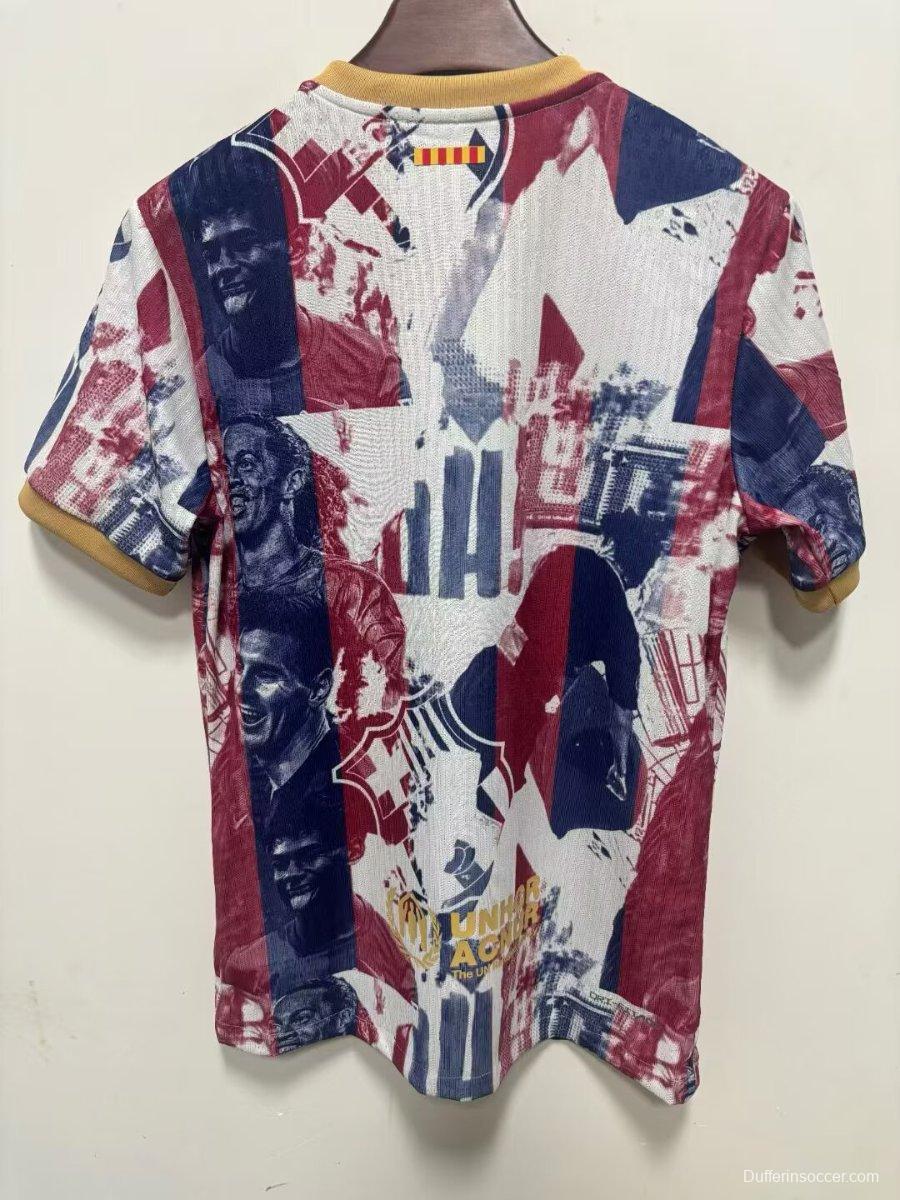 Player Version 25/26 Barcelona White with Abstract Blaugrana Brushstroke Print and Gold Trim Jersey