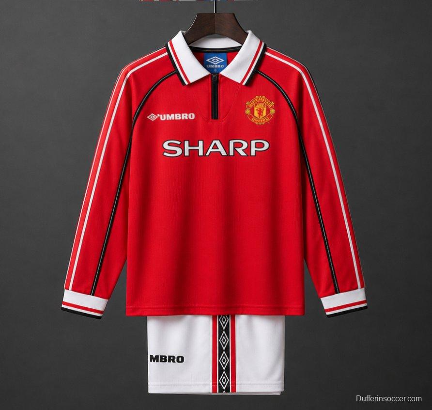 Retro Kids 98/99 Manchester United Red Home Long Sleeve Jersey